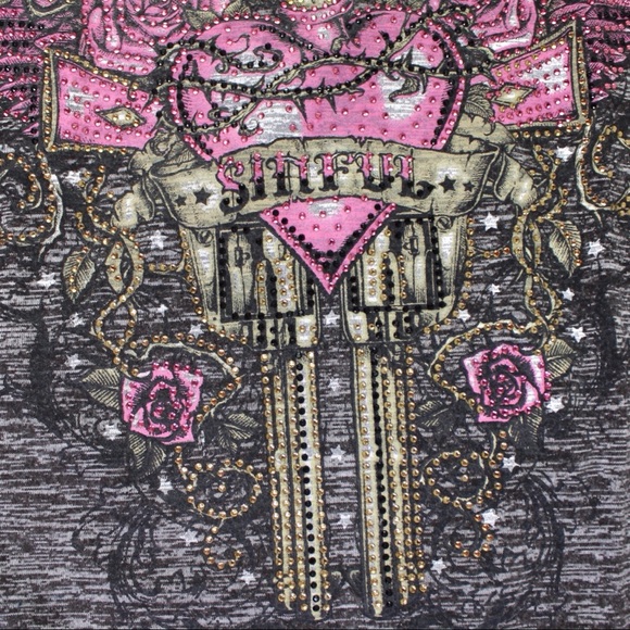 Sinful By Affliction Shoot to Thrill Edgy & Bejeweled Bling Open Back Top XS - Picture 4 of 8